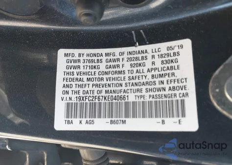 2019 Honda Civic Lx из США, поврежденный, VIN 19XFC2F67KE040661